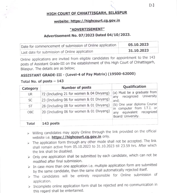 Cg high court bilaspur recruitment 2023 notification